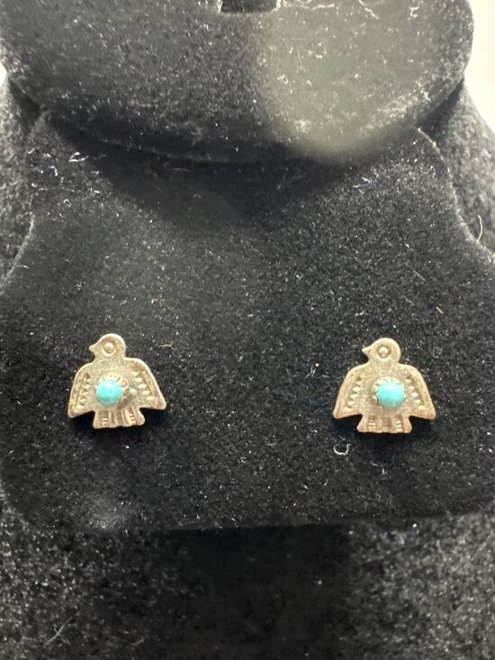 None Jewelry - Small Thunderbird Stud Earrings With Turquoise Accents Vintage Style Metal South